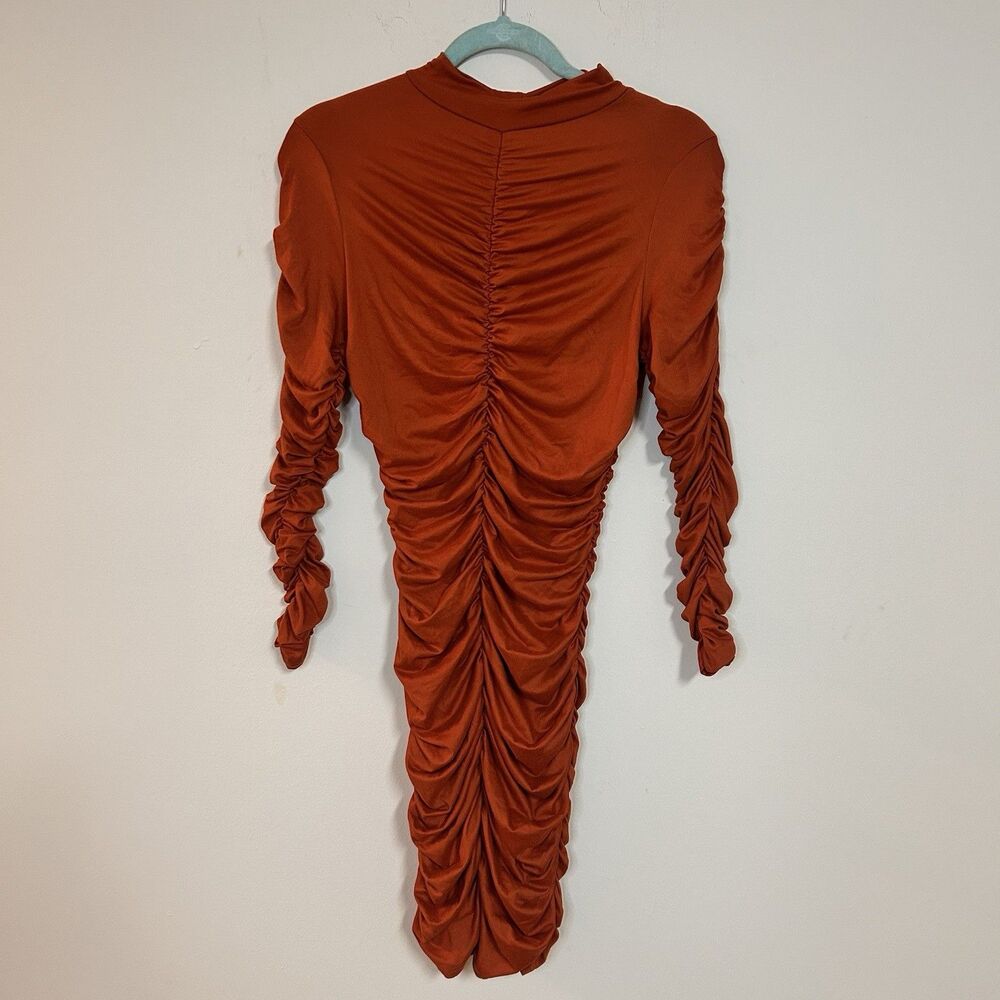 Burnt Orange Ruched Bodycon Dress Long Sleeve Stretch Large USA